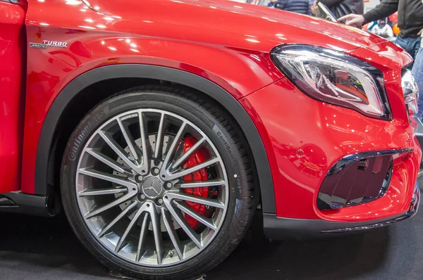 Closeup of red brand new Mercedes Benz — Stock Photo, Image