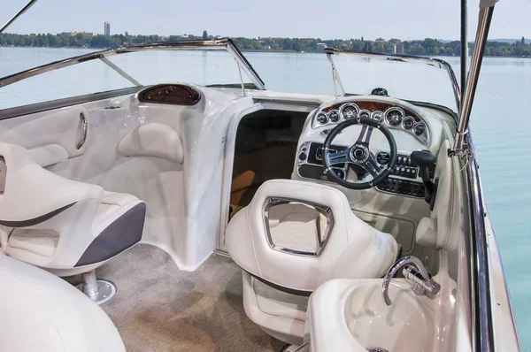 Cockpit of yacht from wood and leather — Stock Photo, Image