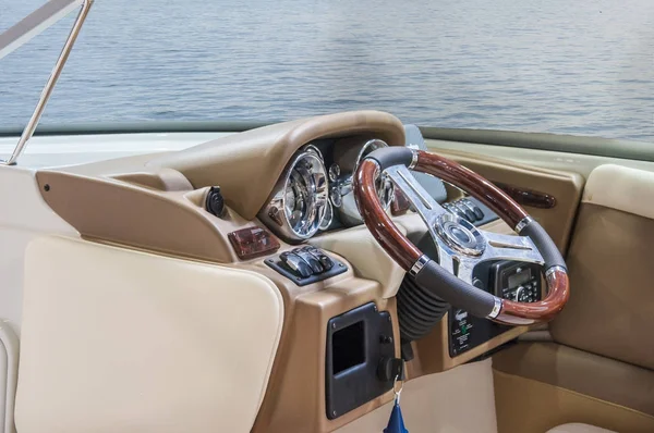 Cockpit of yacht from wood and leather — Stock Photo, Image