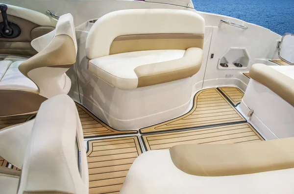 Cockpit of yacht from wood and leather — Stock Photo, Image