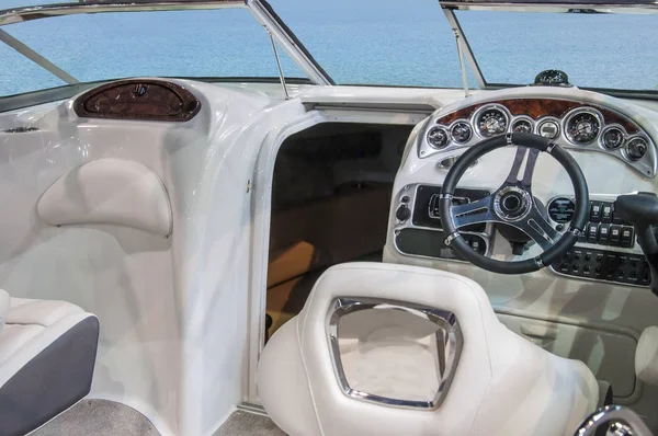 Cockpit of yacht from wood and leather — Stock Photo, Image