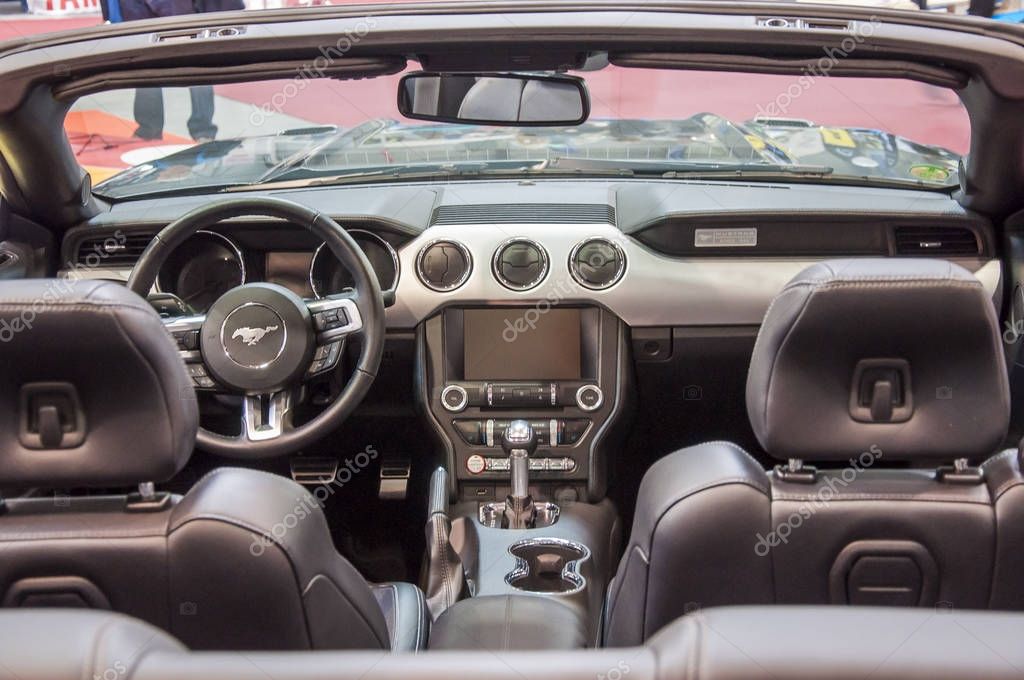 PRAGUE, THE CZECH REP., OCTOBER 20, 2016: Closeup of new luxury car Ford Mustang cabrio interior