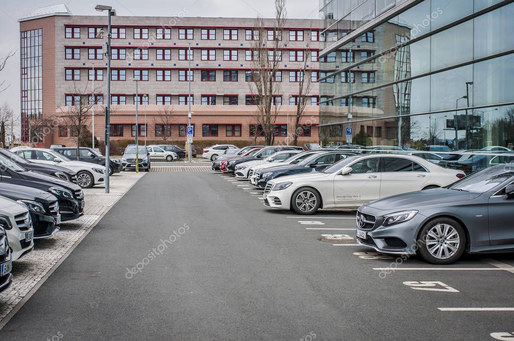 PRAGUE, THE CZECH REPUBLIC, 24.3.2018 - New luxury cars Mercedes Benz parking in front of Car store Mercedes, Prague. Luxury new cars parking in row.