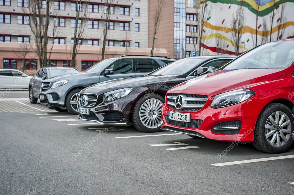 PRAGUE, THE CZECH REPUBLIC, 24.3.2018 - New luxury cars Mercedes Benz parking in front of Car store Mercedes, Prague. Luxury new cars parking in row.