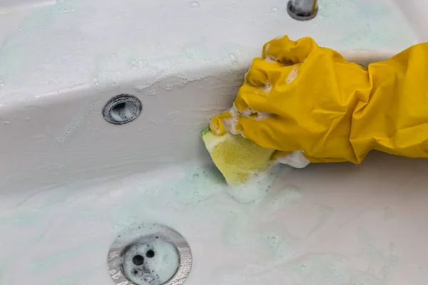 Cleaning Washbasin Bathroom Rubber Gloves — Stock Photo, Image