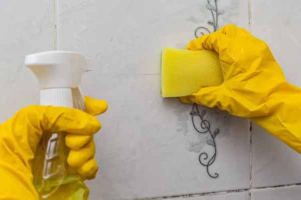 Cleaning Tiled Wall Bathroom Spray Sponge — Stock Photo, Image