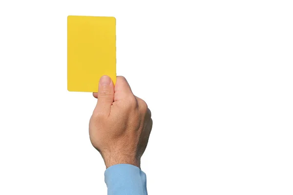 Fotbalový Rozhodčí Ukazuje Žlutou Kartu Izolováno Bílém Pozadí — Stock fotografie