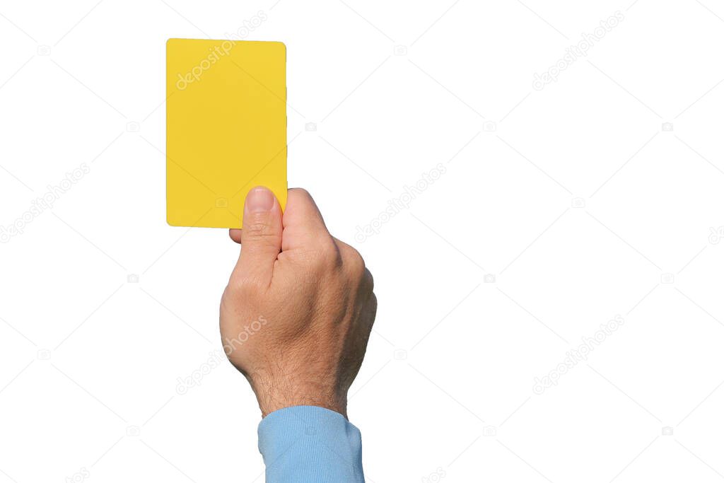 Football referee shows a yellow card. Isolated on white background.