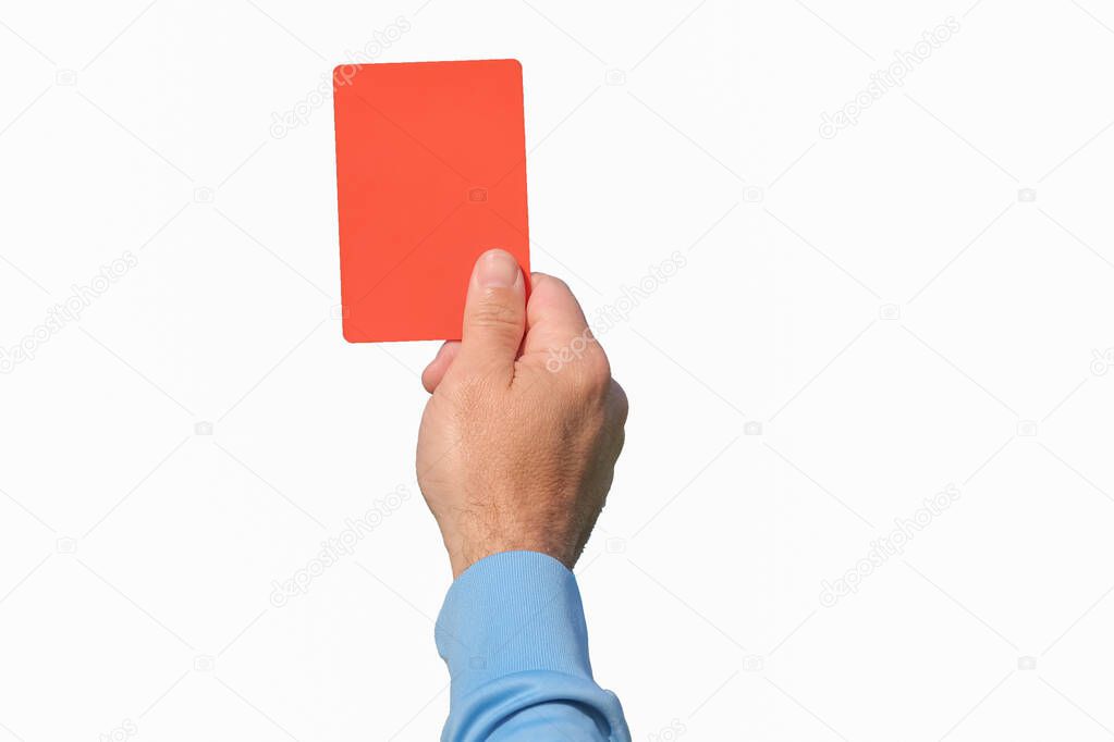 Football referee shows a red card. Isolated on white background. Disqualification.