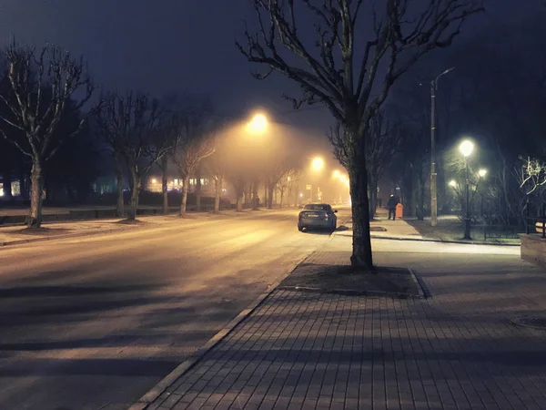 Fog enveloped the street of a deserted city at night.