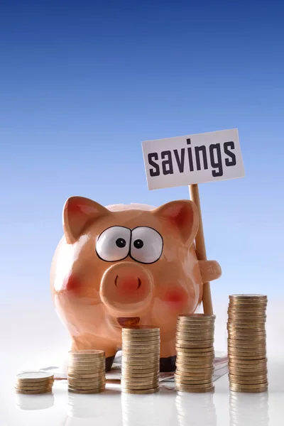 Spargris med besparingar billboard och mynt blå bakgrund vert — Stockfoto