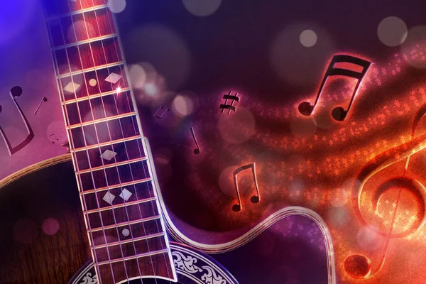 Guitarra acústica de ilustración con fondo negro rojo y azul — Foto de Stock