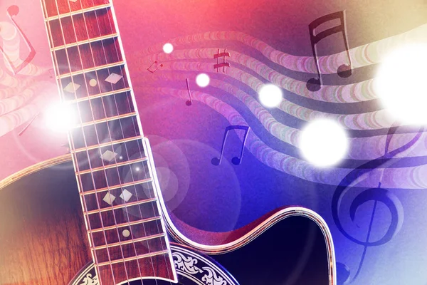 Kırmızı ve Mavi ışıklar yatay ile akustik gitar illüstrasyon — Stok fotoğraf