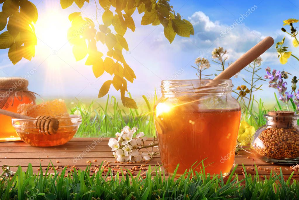 Honey pot honeycomb and bee pollen with nature background