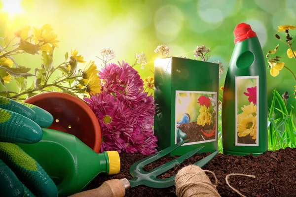 Bottles and containers of gardening products composition nature