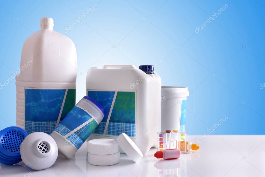 Chemical cleaning products for pool with blue background