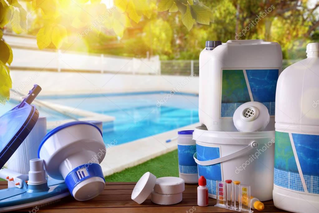 Swimming pool service and equipment with pool background