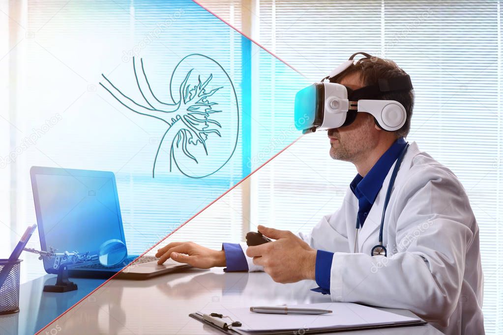 Concept of doctor  watching a kidney with vr glasses