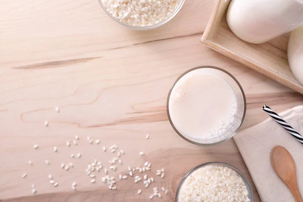 Rice drink in containers on a table in kitchen top