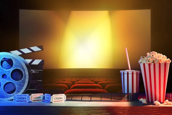 Equipment and elements of cinema on wooden table and background cinema. Concept of watching movies. Horizontal composition. Front view.