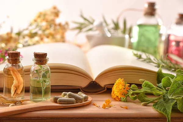 Traditionelle Medizin mit Kräutern und Buch auf dem Tisch — Stockfoto