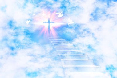 Stairs leading to the sky with a glittering cross and flying doves. Horizontal composition. clipart