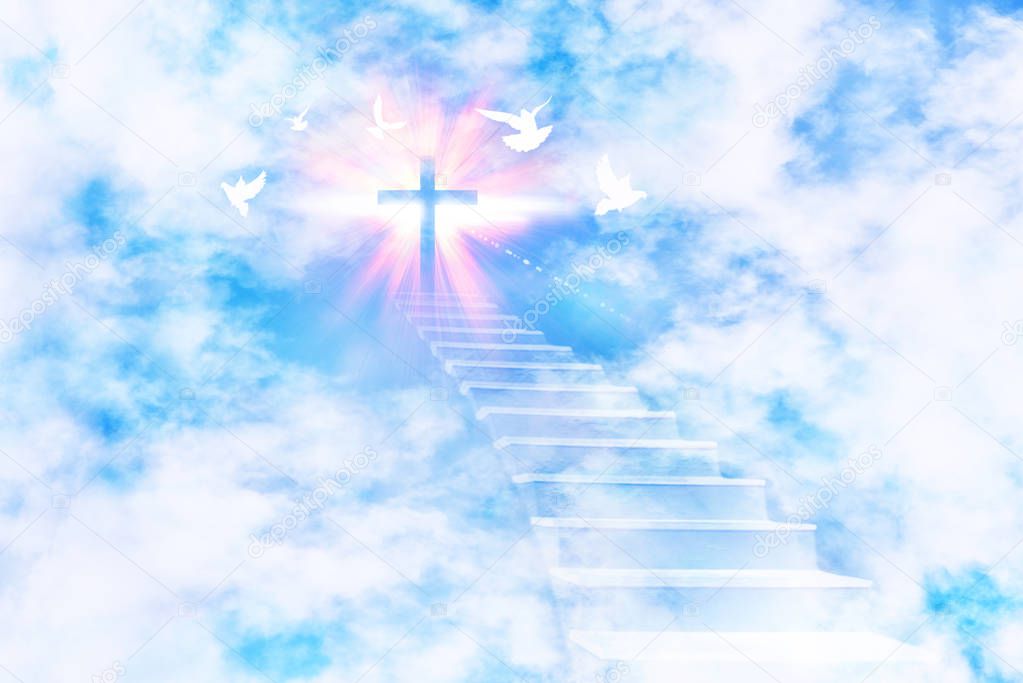 Stairs leading to the sky with a glittering cross and flying doves. Horizontal composition.