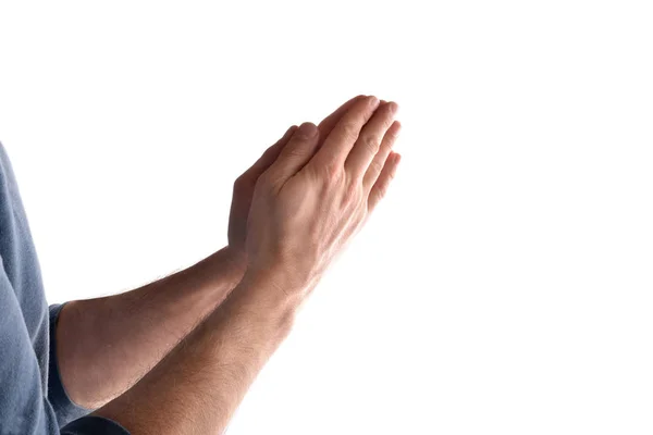 Mann Mit Händen Gebetshaltung Isoliert Weiß Horizontale Zusammensetzung — Stockfoto