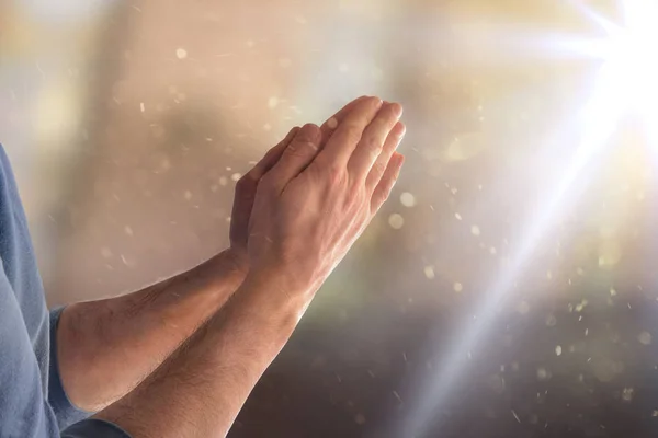 Man Praying Church Hands Palms Facing Flash Light Horizontal Composition — Stock Photo, Image