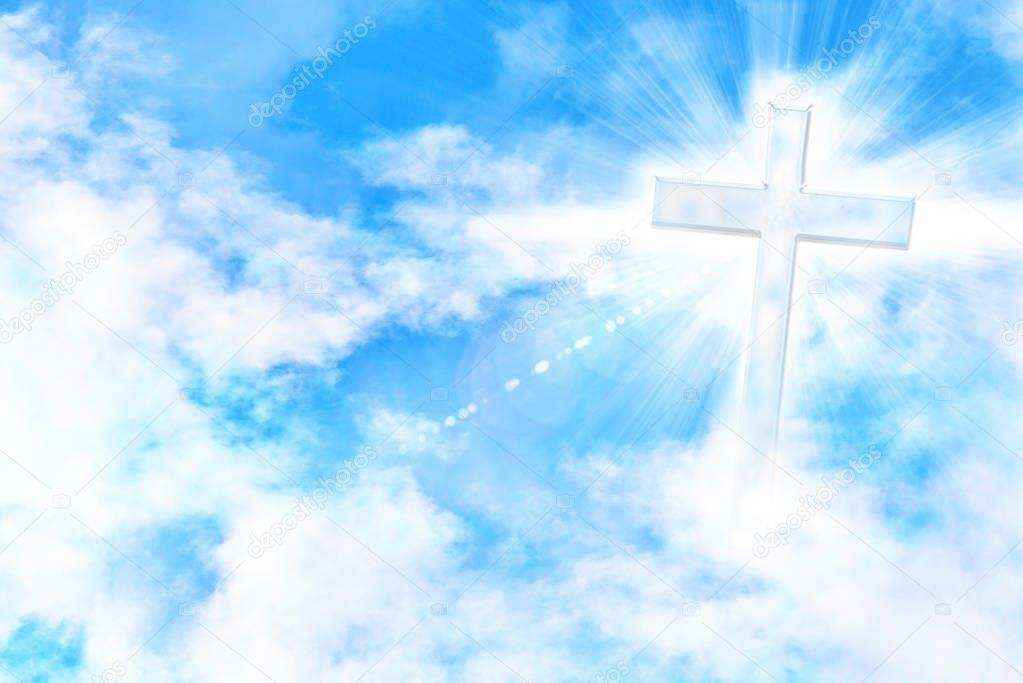 Blue sky with clouds and cross with glare and doves flying. Horizontal composition
