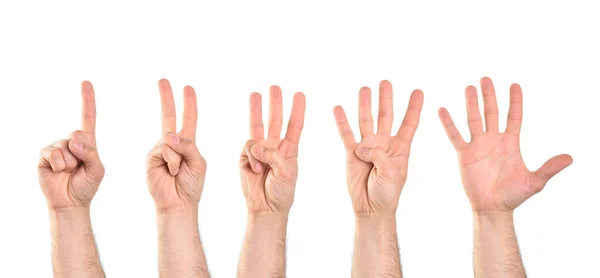 白の分離された背景を持つインデックス指で始まる5つの手でカウントします 水平構成 — ストック写真