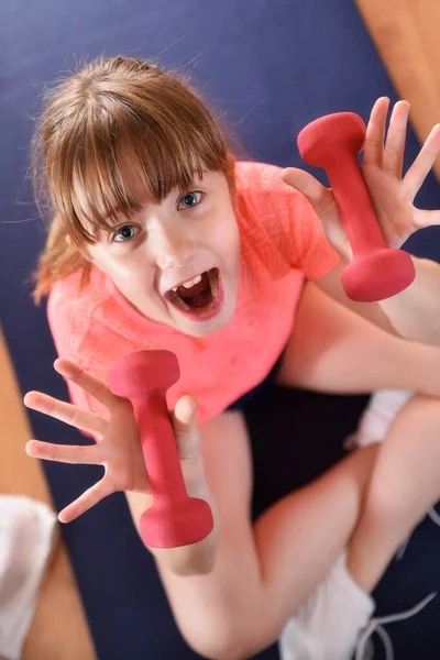 Funny Little Girl Joy Doing Dumbbell Sports Mat Top View — Stock Photo, Image