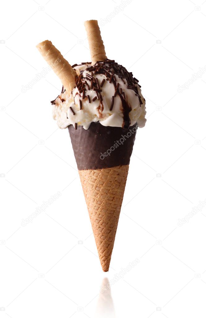Ceram and chocolate flavored cream ice with chocolate chips isolated white background on semi-dipped chocolate cone