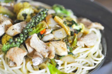 domuz eti, mantar ve biber tohumu spagetti 