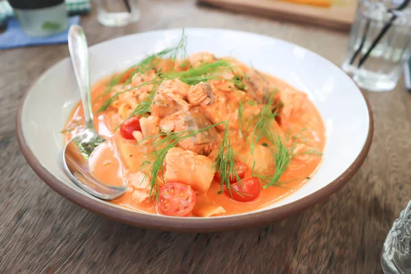 salmon soup or stir fried salmon with tomato