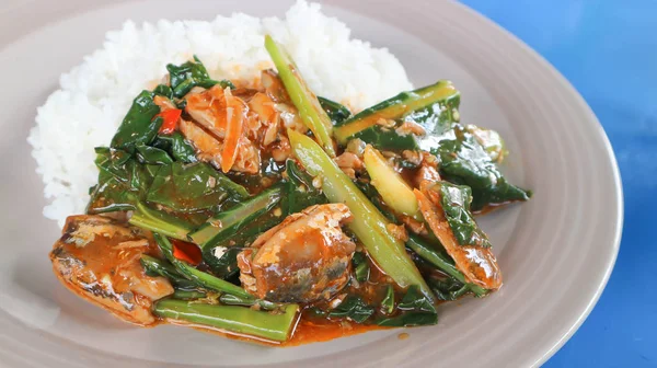 Aduk-goreng kale dengan ikan kaleng dan beras — Stok Foto