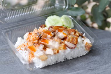 Pirinçli çıtır domuz eti, domuz pirinci ya da üzerine domuz eti ve sos konmuş pilav.