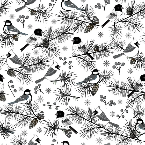 Διάνυσμα χειμώνα δάσος πουλιά πεύκο χιόνι αδιάλειπτη μοτίβο εκτύπωσης φόντο. — Διανυσματικό Αρχείο