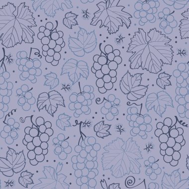 Vector purple line grapes and leafs seamless pattern print background.