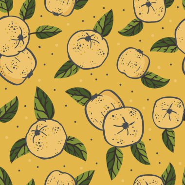 Vector yellow quince fruit seamless pattern print background.