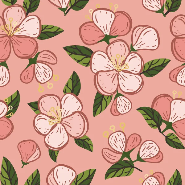 Vector pink quince fruit blossom seamless pattern print background. — Stock Vector