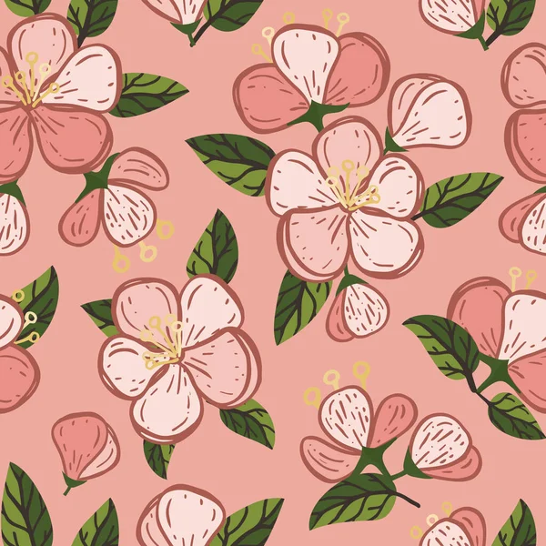 Vector pink quince fruit blossom seamless pattern print background.