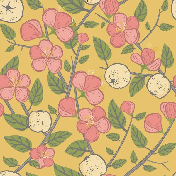 Vector yellow quince fruit and blossom seamless pattern print background. — 图库矢量图片