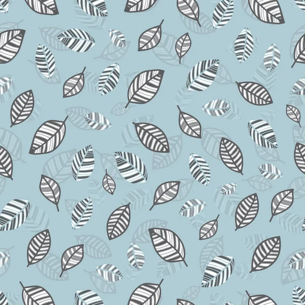 Vector grey leafs on blue seamless pattern print background. — Stok Vektör