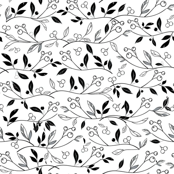 Vector black and white leafs and berries seamless background ornament texture. — 图库矢量图片
