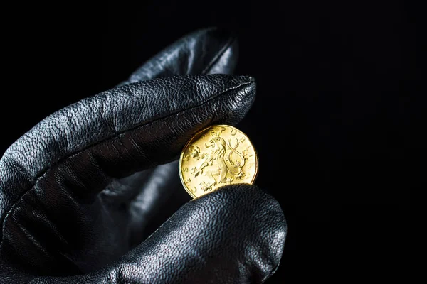 Een man in een handschoen heeft een gele munt. Tsjechische munt in de hand van een man — Stockfoto