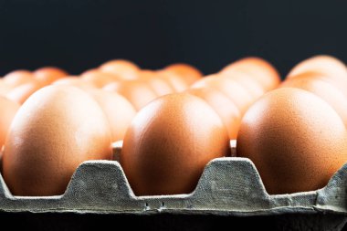 Yumurtalar karton bir kutuya konmuş. Güzel, temiz tavuk yumurtaları.