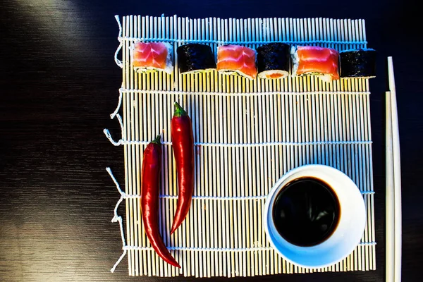 Sushi Salmon Table Red Chili Peppers — Stock Photo, Image