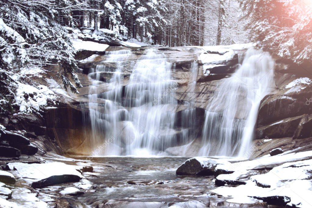 Mumlavsky waterfall in the Czech Republic in winter.
