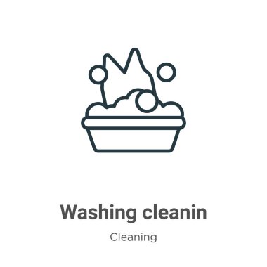 Temizleme ana hatları vektör simgesi. İnce çizgi siyah yıkama ikonu, düz vektör basit element çizimi beyaz arkaplanda izole edilmiş düzenlenebilir temizlik konseptinden